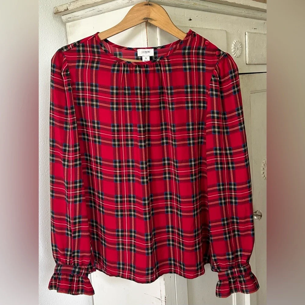 J. Crew | Women’s Red/Multi Tartan Plaid Crewneck Ruffle Sleeve Hems Top, Size S